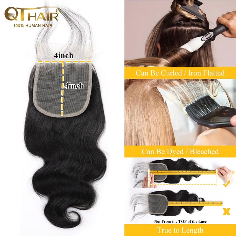 QTHAIR 18A Brazilian Body Wave Human Hair Lace Closure(20" Free Part Natural Black) 100% Unprocessed Brazilian Body Wave Virgin Hair Swiss Lace Closure 150% Density 4x4 Closure - Image 4